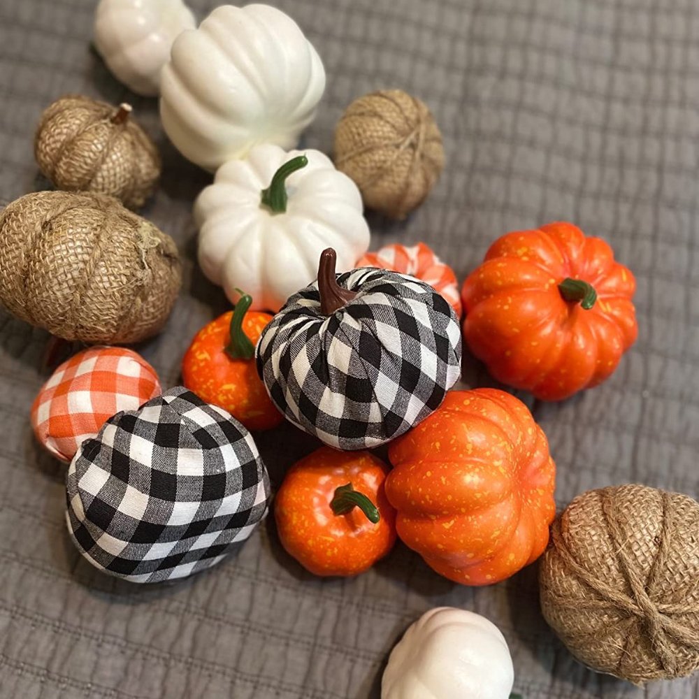 16 PCS Fall Decor Artificial Pumpkins Harvest Burlap Buffalo Plaid, Thanksgiving